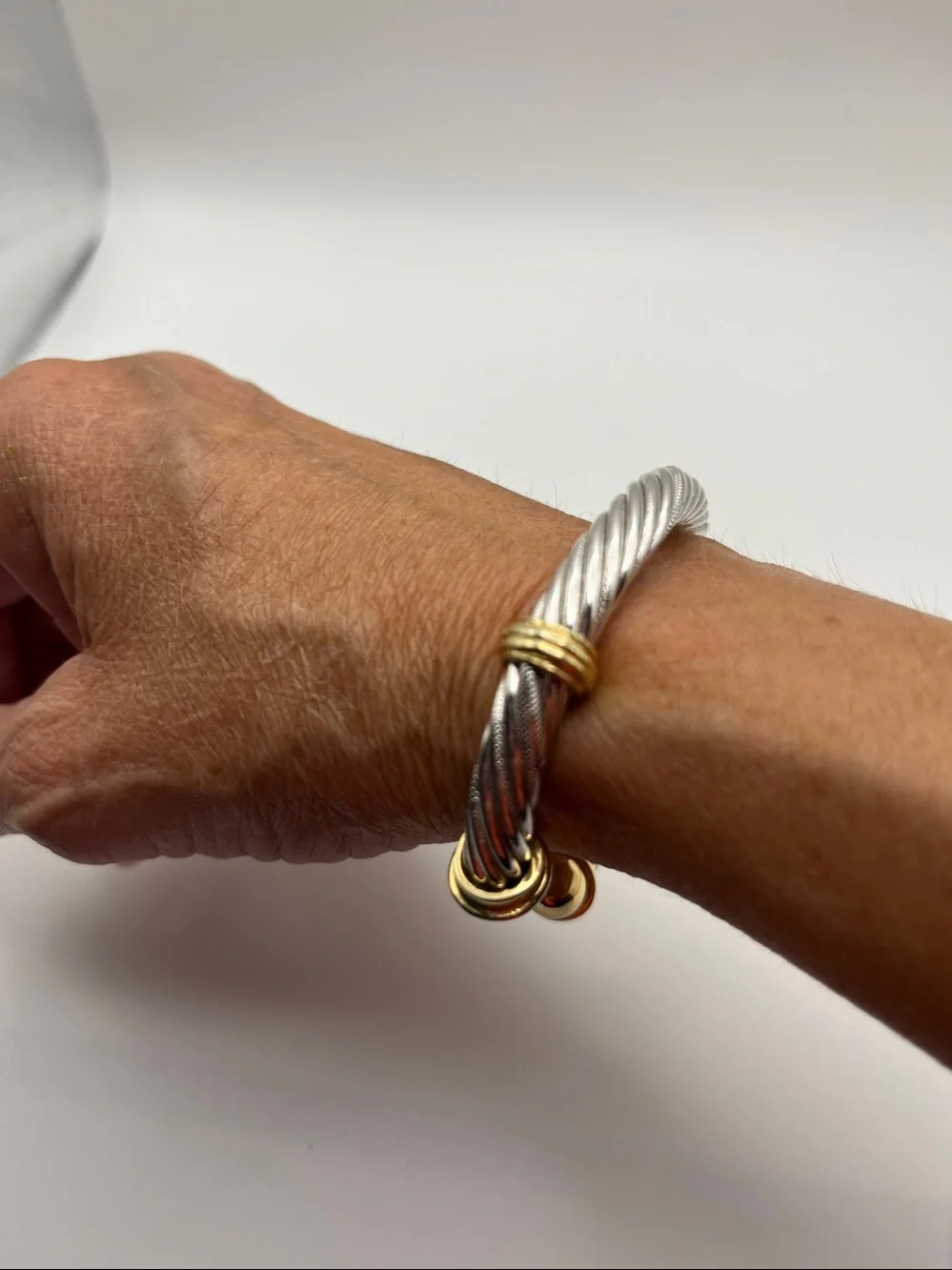 Silver-Tone Twisted Cable Cuff Bracelet with Gold Tone Accents